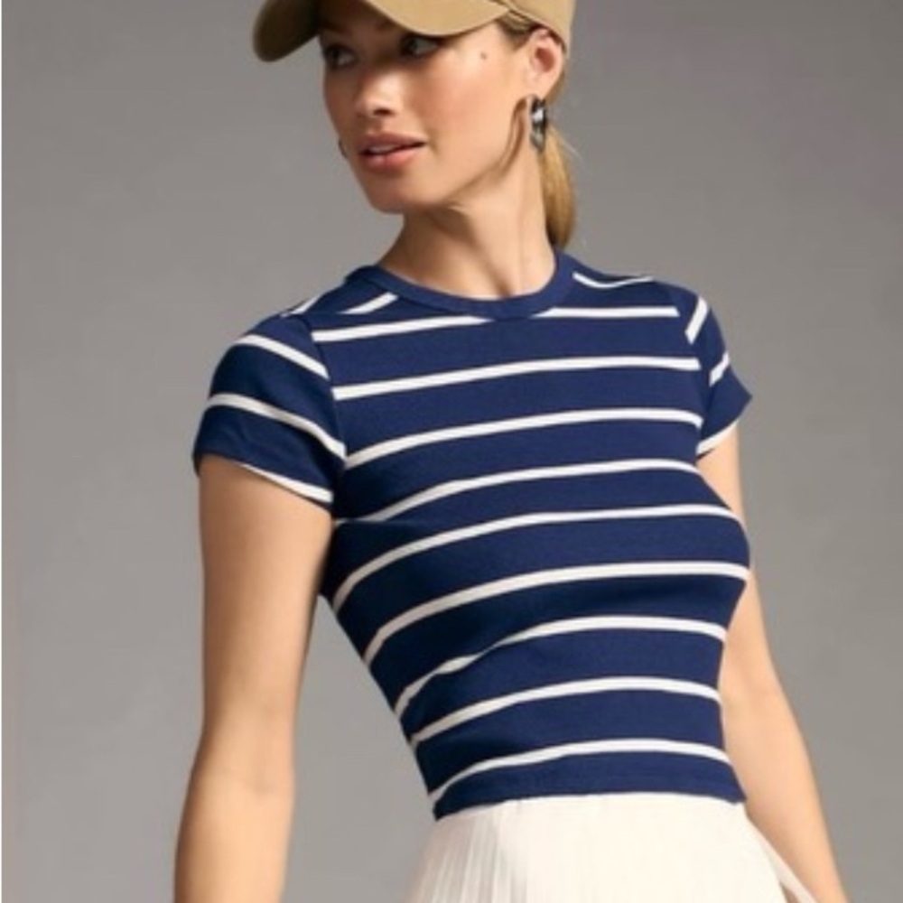 Maeve by Anthropology Women’s Navy and White Striped Short Sleeve Top XL